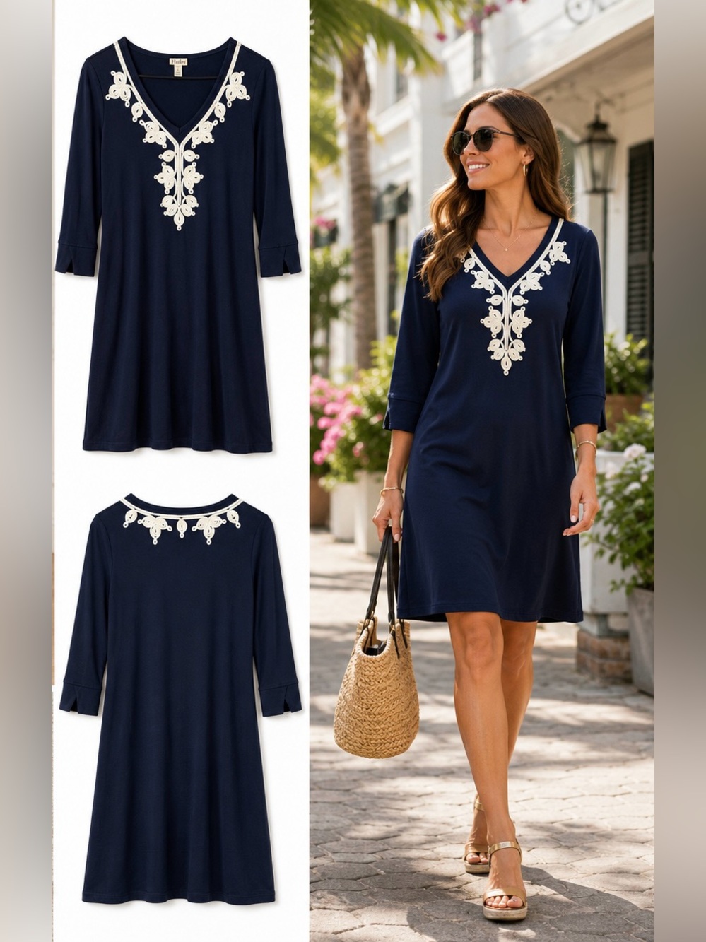 Hatley Navy Blue Soutache Embroidered Jersey Dress White Trim Size S